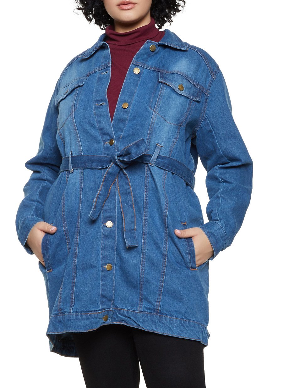 Plus Size Tie Waist Long Denim Jacket