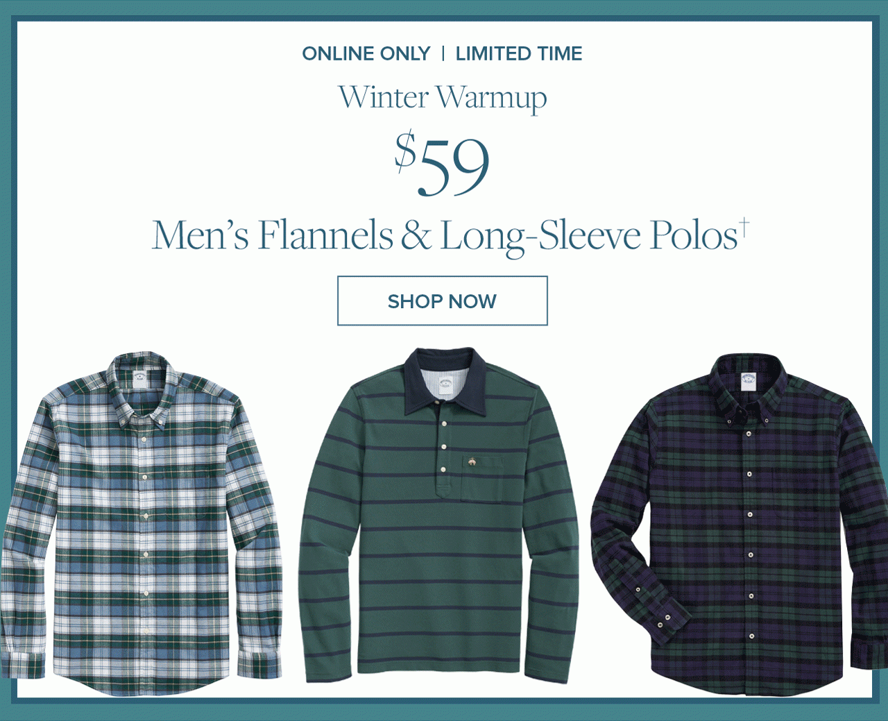 Online Only | Limited Time Winter Warmup $59 Men's Flannels & Long-Sleeve Polos