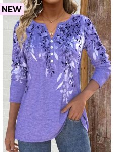 ROTITA Tuck Stitch Leaf Print Light Purple T Shirt