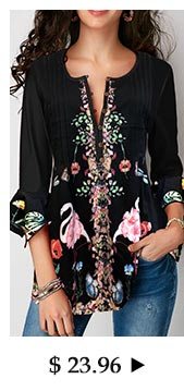 Three Quarter Sleeve Printed Black Blouse