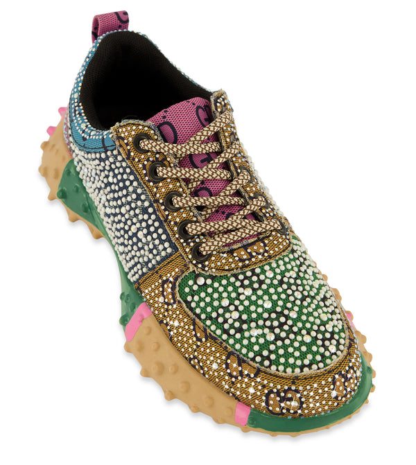 Rhinestone Color Block Printed Lace Up Sneakers