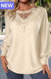 Beige Embroidery Long Sleeve Round Neck T Shirt