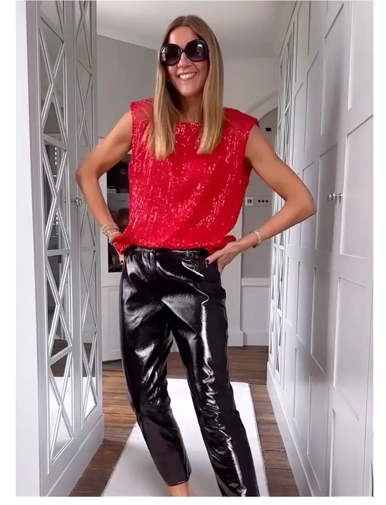 Womens Red Sequin Shell Top