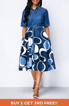 Geometric Print Circular Ring Belted Denim Blue Dress