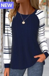 Navy Patchwork Striped Long Sleeve Round Neck Sweatshirt