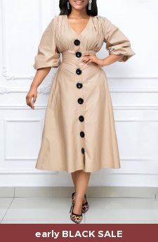 Light Camel V Neck Umbrella Hem Dress