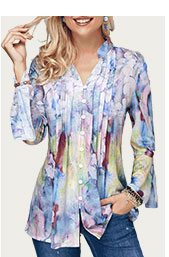 Split Neck Crinkle Chest Flare Cuff Blouse
