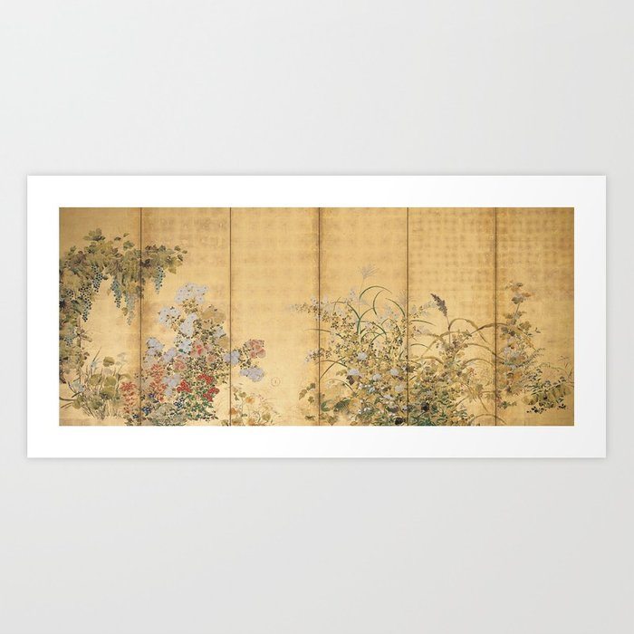 Japanese Edo Period Six-Panel Gold Leaf Screen - Spring and Autumn Flowers