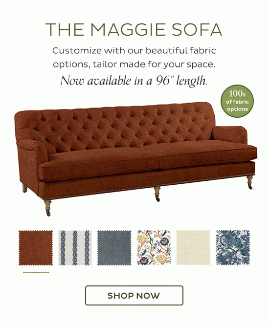 The Maggie Sofa - Customize with our beautiful fabric options, tailor made for your space. Now available in a 96