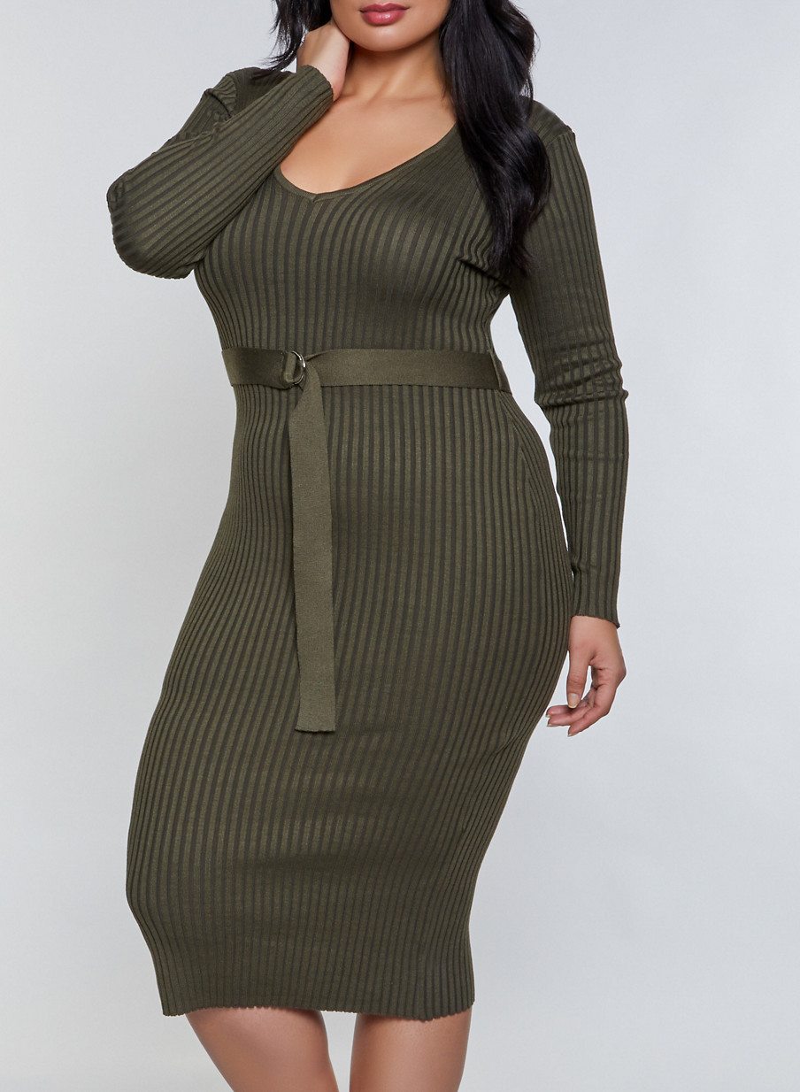 Plus Size V Neck Tie Waist Sweater Dress