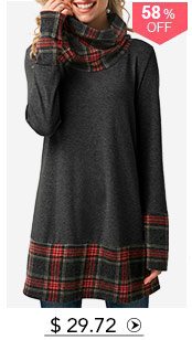 Plaid Cowl Neck Patchwork Dark Grey T Shirt