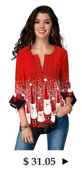 Flare Cuff Christmas Print Crinkle Chest Blouse