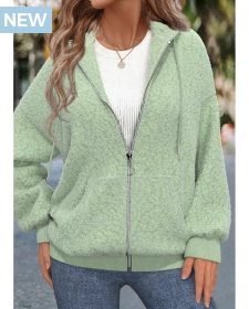 ROTITA Zipper Sage Green Long Sleeve Hoodie