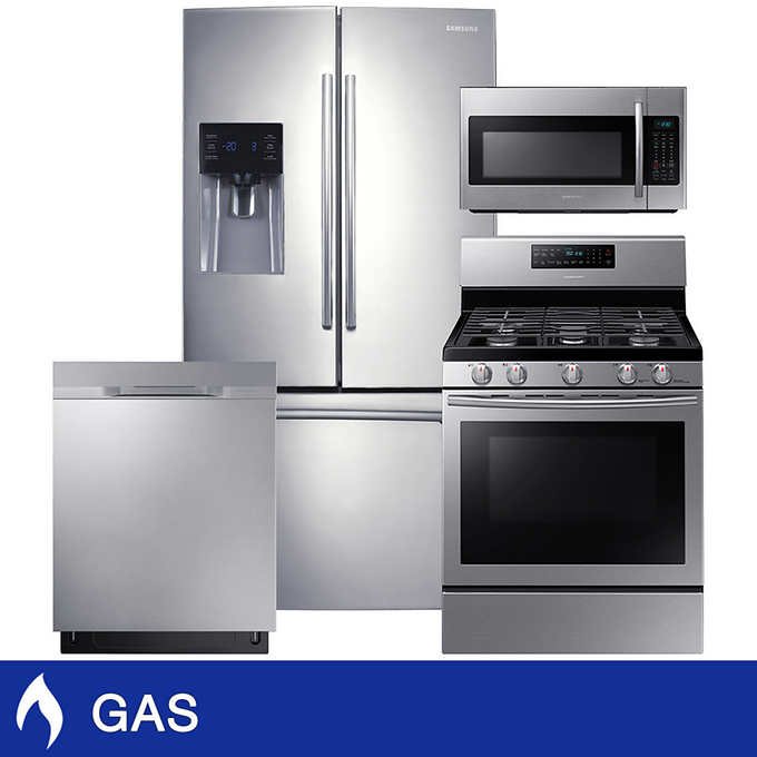 Samsung 4-Piece GAS 25 Cu. Ft. 3-Door French Door Refrigerator Kitchen Package in Stainless Steel