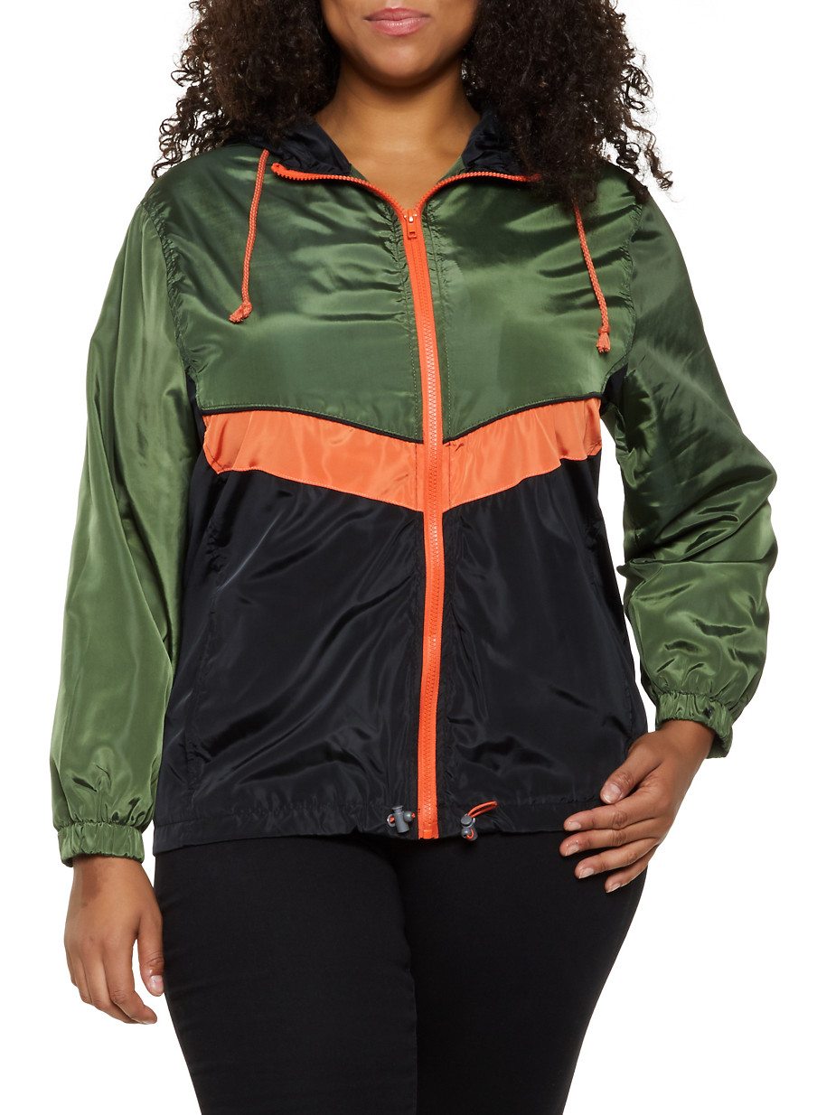 Plus Size Color Block Nylon Zip Windbreaker