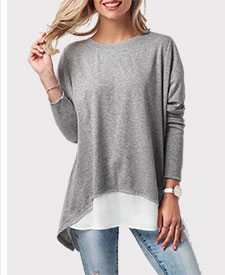 Patchwork Long Sleeve Button Back T Shirt