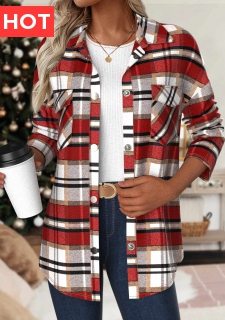 Red Patchwork Plaid Long Sleeve Turn Down Collar Coat