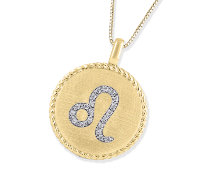 Diamond Zodiac Leo Symbol Brushed Disc Necklace 1/10 ct tw 10K Yellow Gold 18''