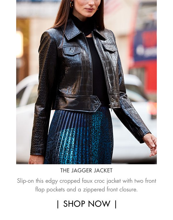 The Jagger Jacket - Slip-on this edgy cropped faux croc jacket with two front flap pockets and a zippered front closure.