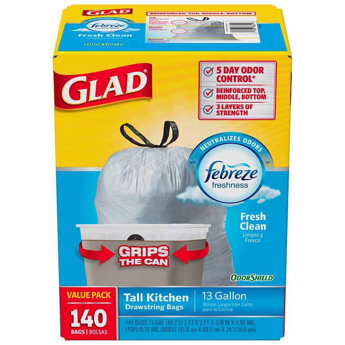 Glad OdorShield 13 Gallon Trash Bags with Febreze, 140-count