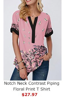 Notch Neck Contrast Piping Floral Print T Shirt 