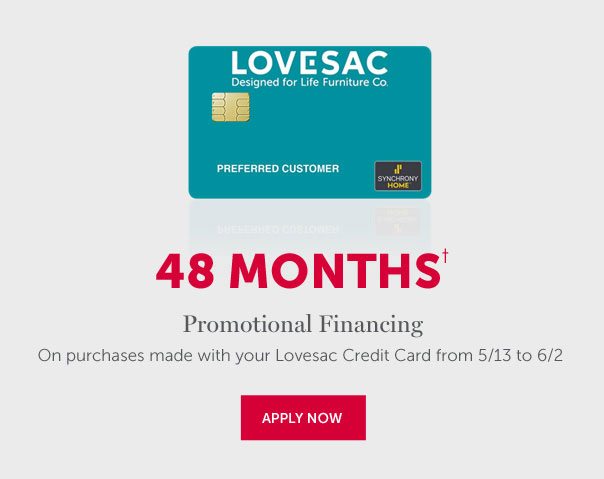 48 Months Promotional Financing | On purchases made with your Lovesac Credit Card from 5/13 to 6/2 | APPLY NOW >>