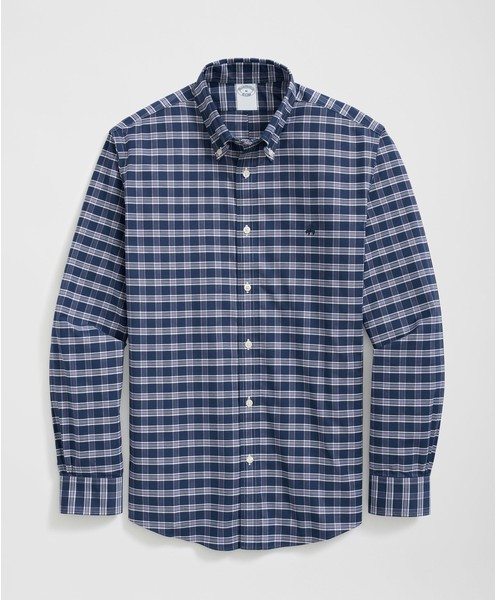 Stretch Cotton Non-Iron Oxford Polo Button Down Collar Checked Shirt