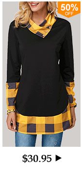 Plaid Print Button Detail Black T Shirt