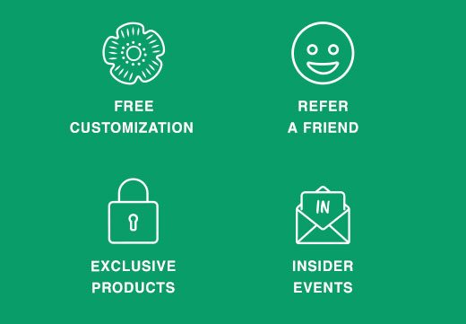 Free Customization, Refer a Friend, Exclusive Products, Insider Events.