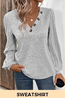 ROTITA Button Light Grey V Neck Long Sleeve T Shirt