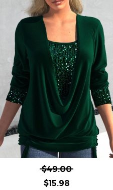 ROTITA Sequin Green Square Neck Long Sleeve T Shirt