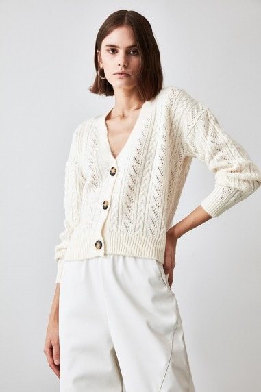 Little Mistress x Trendyol Ecru Openwork Knitwear Cardigan