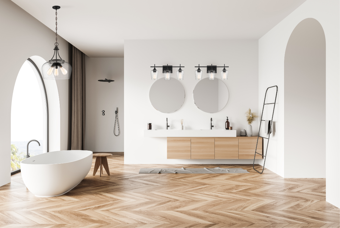 Savoy House Octave pendant and bath bars in a bathroom