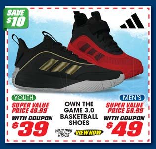 adidas Own the Game 3.0 Men's or Youth Basketball Shoes