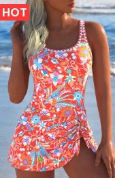 Tie Floral Print Coral One Piece Swimdress