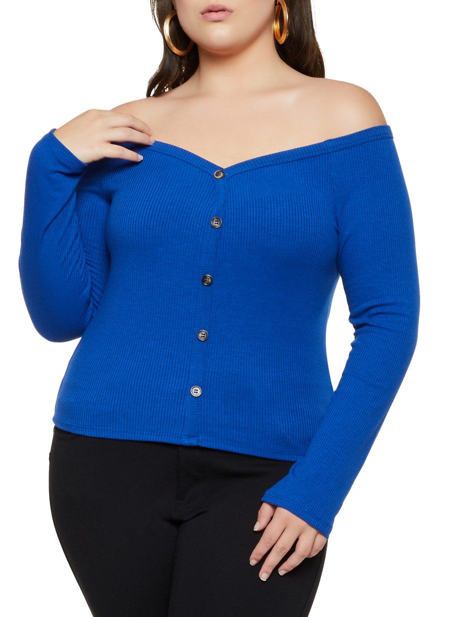 Plus Size Ribbed Off the Shoulder Button Detail Top