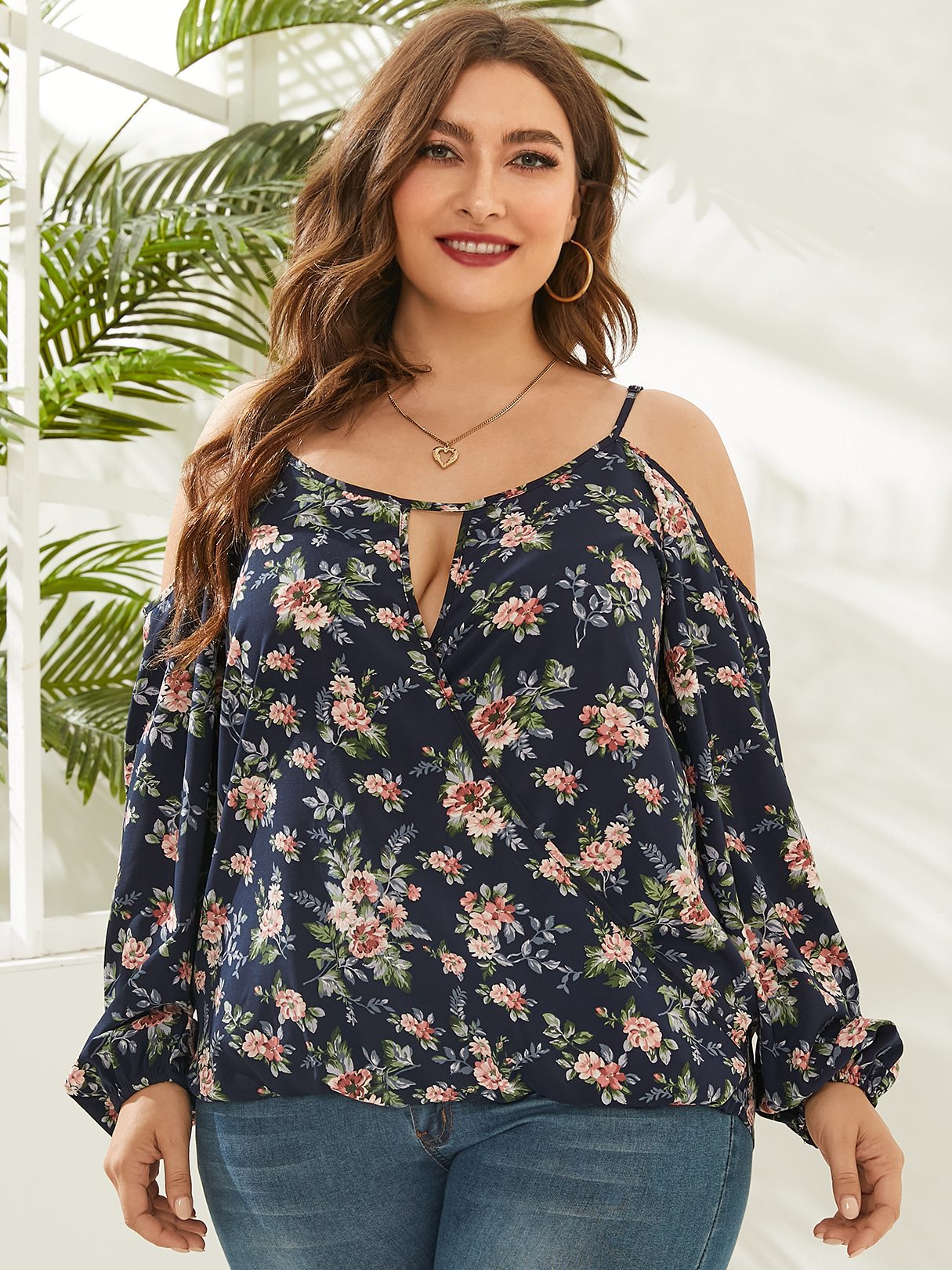 Plus Size Cold Shoulder Floral Print Long Sleeves Blouse