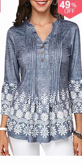 Split Neck Button Detail Printed Pleated Blouse