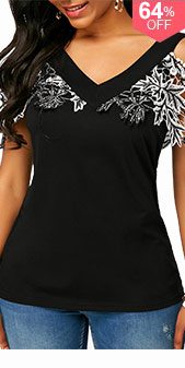 Lace Patchwork Cold Shoulder V Neck Blouse