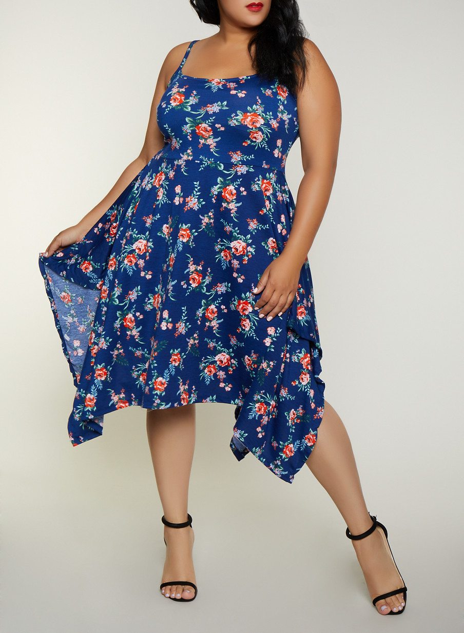 Plus Size Floral Asymmetrical Skater Dress