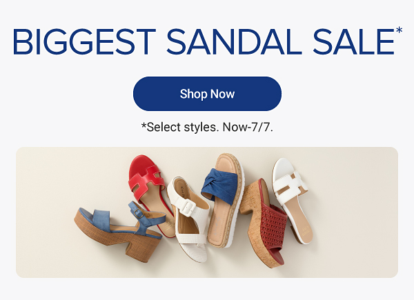 A variety of women's sandals in red, white and blue. Biggest sandals sale. Shop now. Select styles, now through July 7.