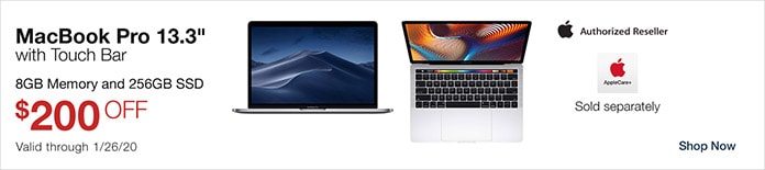 $200 OFF MacBook Pro 13.3-inch with Touch Bar. Valid through 1/26/20. Shop Now