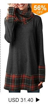 Dark Grey Cowl Neck Patchwork Plaid T Shirt