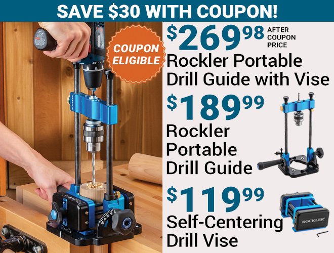 Save $30 with coupon on Rockler Portable Drill Guide with Vise, Portable Drill Guide, Self-Centering Vise. 