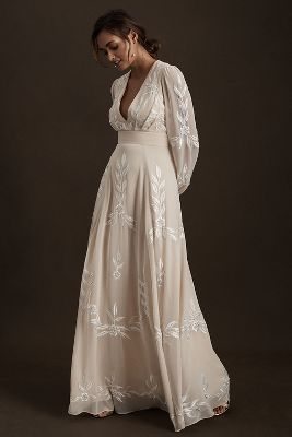 BHLDN Belize Embroidered A-Line Long-Sleeve V-Neck Gown