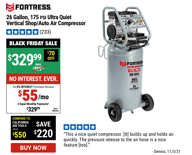 FORTRESS: 26 Gallon 175 PSI Ultra Quiet Vertical Shop/Auto Air Compressor