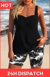 Surplice Feathers Print Black Tankini Set