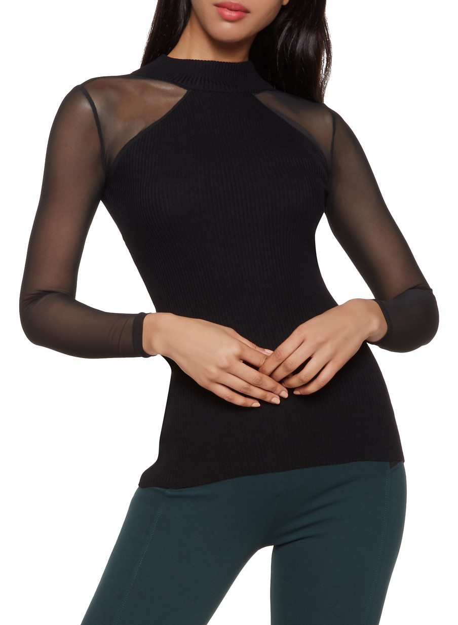 Mesh Sleeve Mock Neck Sweater