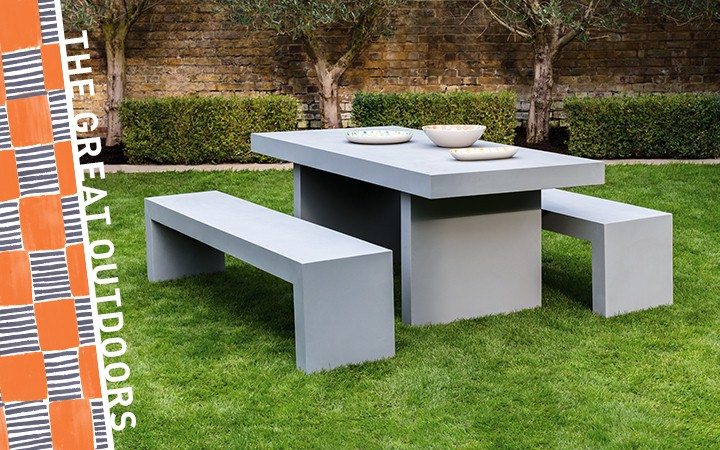 Grey dining table with benches