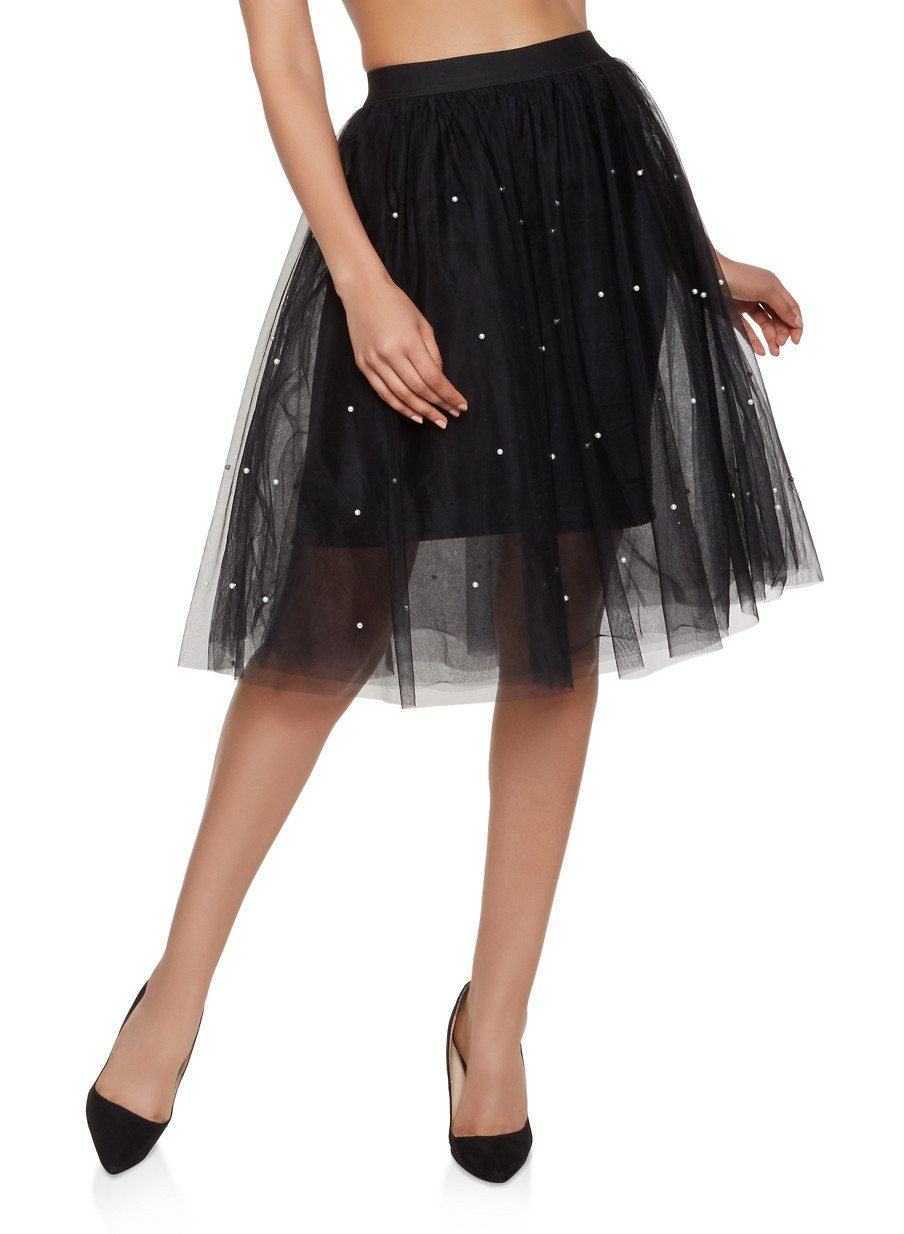 Faux Pearl Studded Tulle Skirt